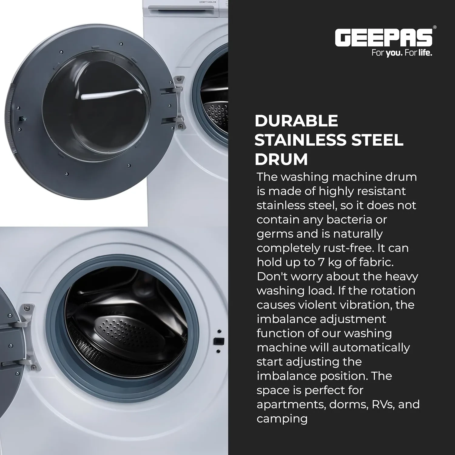 غسالة جيباس اوتماتيك تحميل امامي 7 كيلو موديل GWMF71200LCJ - صورة المنتج 9