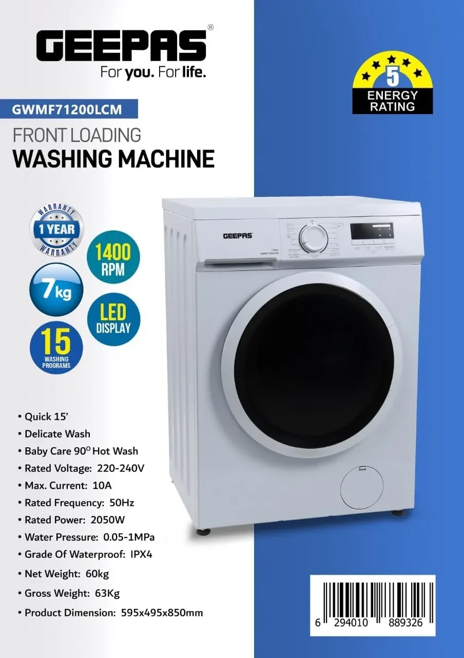 غسالة جيباس اوتماتيك تحميل امامي 7 كيلو موديل GWMF71200LCJ - صورة المنتج 4