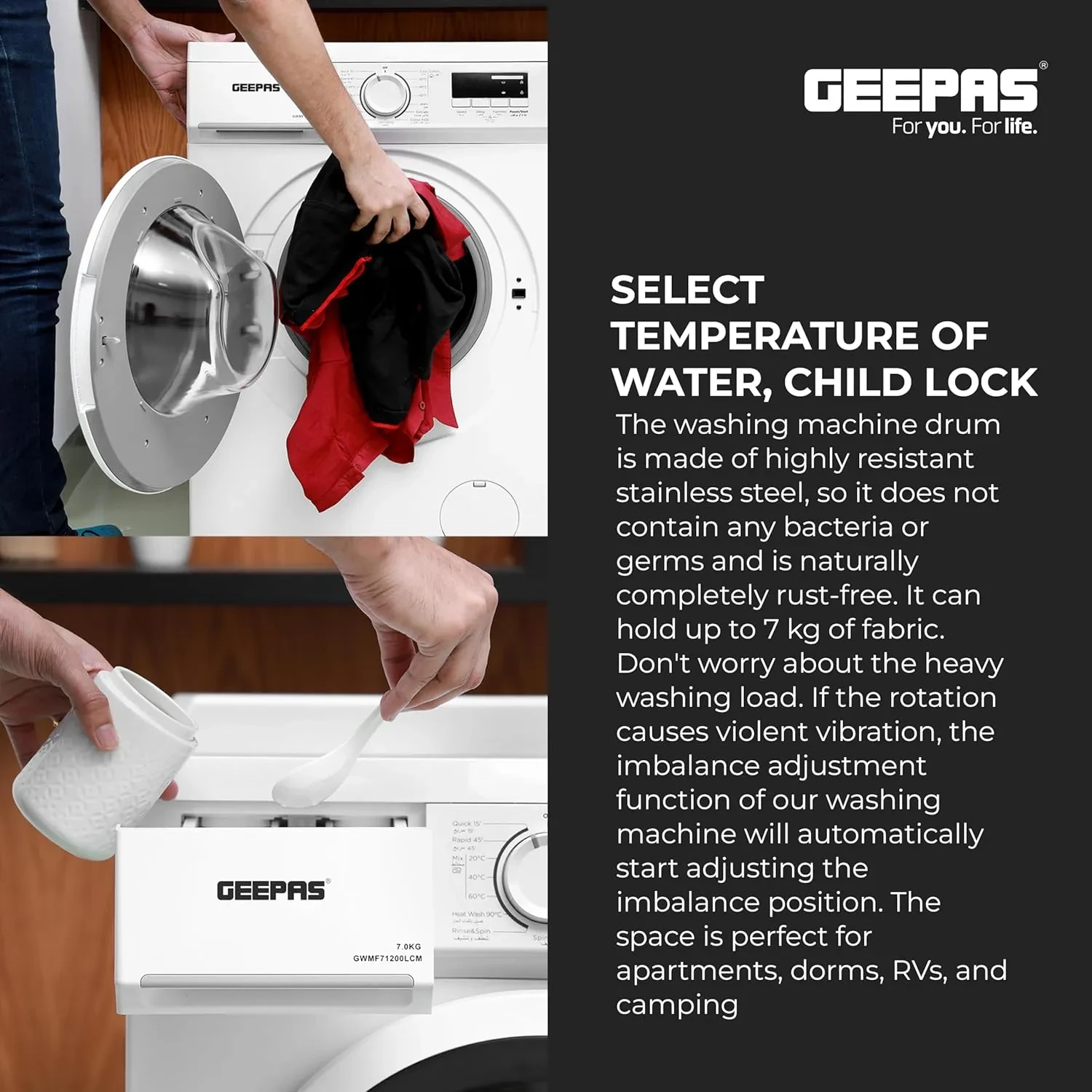 غسالة جيباس اوتماتيك تحميل امامي 7 كيلو موديل GWMF71200LCJ - صورة المنتج 6